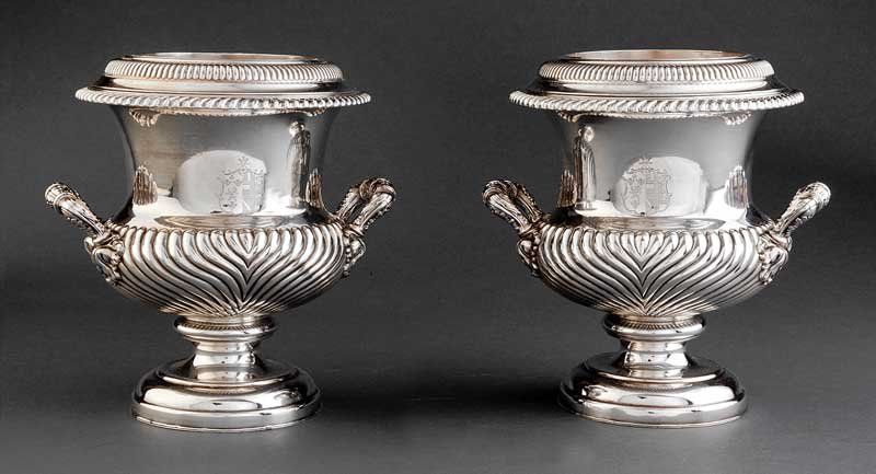 Sheffield Plate Campagna Form Wine Coolers: A Pair of George III Sheffield Plate Campagna Form Wine Coolers, c. 1800, crested with inset silver shield, retains original tinned back, removable liner, height 9 3/4 in