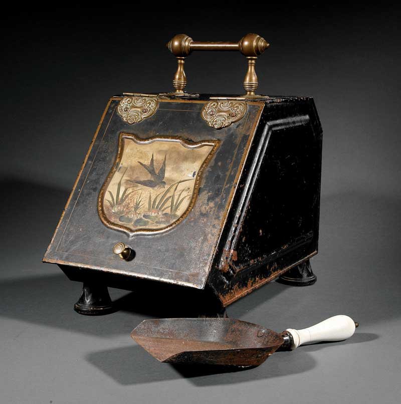 A Victorian Tole Peinte and Parcel Gilt Coal Hod: A Victorian Tole Peinte and Parcel Gilt Coal Hod, 19th c., brass hardware, the reserve painted with a swallow flying over lily pads, removable liner, retains shovel with porcelain handle . Provenance: