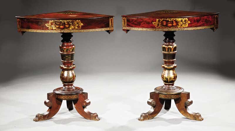 Carved and Gilt Stenciled Mahogany Encoignures: A Rare Pair of American Classical Carved and Gilt Stenciled Mahogany Encoignures, early 19th c., New York, each with quarter round top with fans and banding, frieze with fruit reserve, turned acanthus