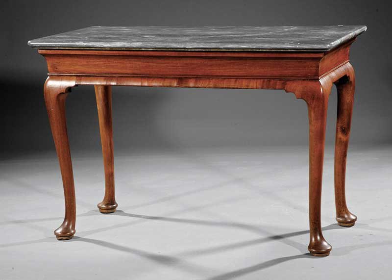 A George II Mahogany Console: A George II Mahogany Console, early to mid-18th c., marble top, molded frieze, cabriole legs, pad feet, height 32 in., width 48 in., depth 24 in