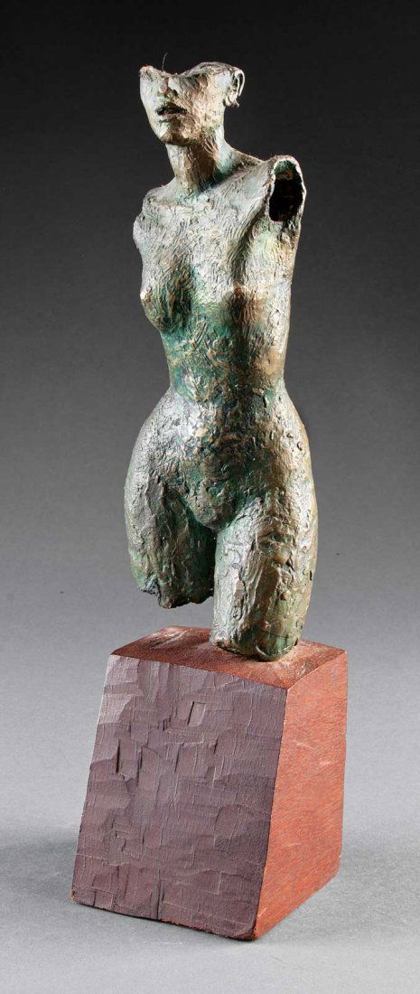 Enrique Alferez (Mexican/New Orleans, 1901-1999): Enrique Alferez (Mexican/New Orleans, 1901-1999), "Female Figure", bronze, medium brown and verdi gris patina, on original mahogany base, height 11 in., overall height 16 in . Provenance: By descent i