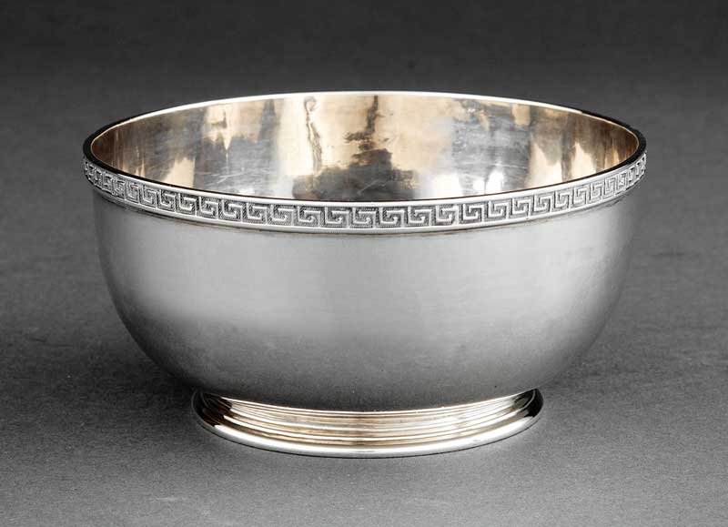 Tiffany & Co. Sterling Bowl made by John C Moore: An Early Tiffany & Co. Sterling Silver Bowl, made by John C. Moore, 1848-1852, marked "TIFFANY & COMPY." in serrated rectangle, Gothic "M" in circle, and "262"; Greek key border, molded foot, engraved
