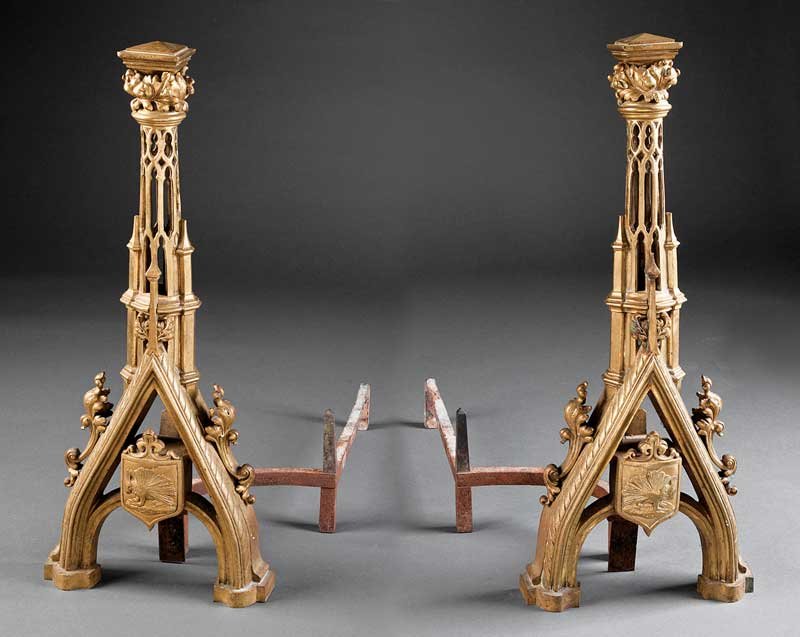 A Pair of American Brass Andirons: A Pair of American Brass Andirons in the Gothic Taste, 19th c., reticulated cathedral form, centered by shield with porcupine, height 26 3/4 in., width 11 in., depth 26 in