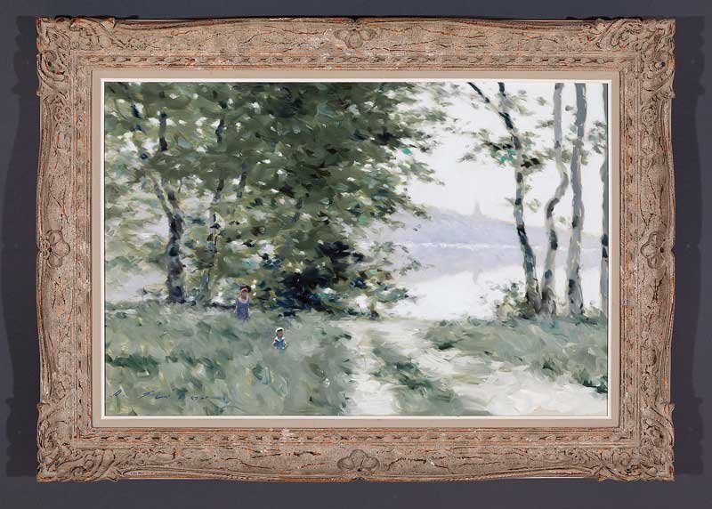 André Gisson (American, 1921-2003): André Gisson (American, 1921-2003), "Landscape with Figures Along the River", oil on canvas, signed lower left, old typed label en verso, 24 in. x 36 in., framed