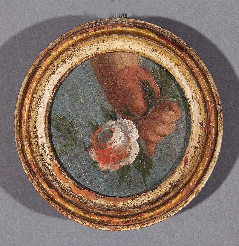 Continental School, 19th c: Continental School, 19th c., "Autumn Flowers", oil on canvas laid on board, "Christies' East" label en verso, 8 in. x 5 in., framed; together with Continental School, 18th c., "Putto Hand with a Rose"