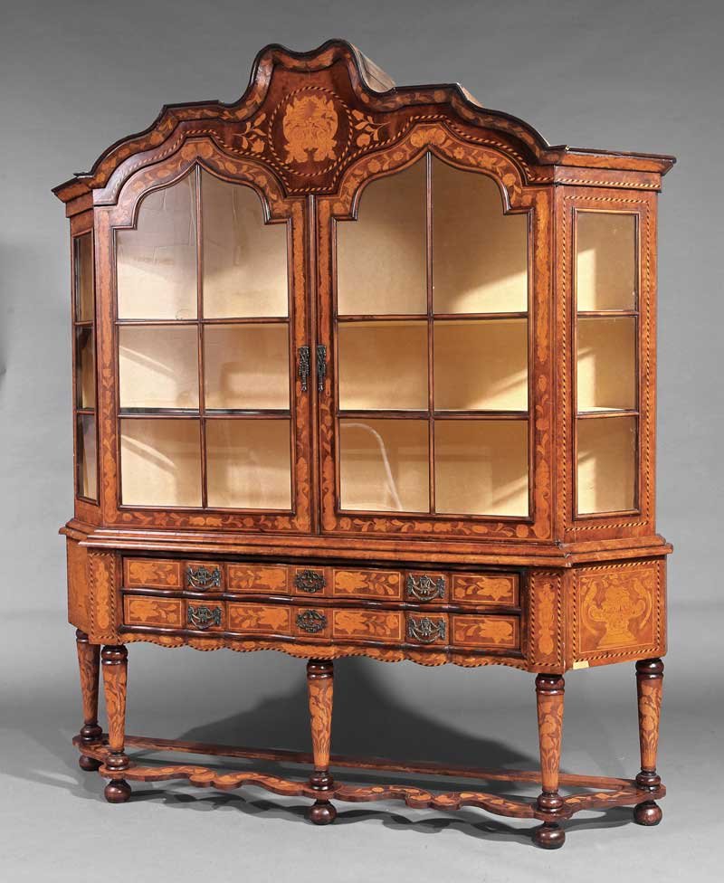 Dutch Burled Walnut and Marquetry Cabinet: A Dutch Rococo-Style Burled Walnut and Marquetry Cabinet, early 20th c., upper case with serpentine bonnet cornice centering a foliate cartouche, conforming paneled glazed doors, serpentine shelves, c