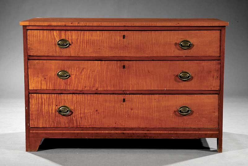 An American Federal Tiger Maple Chest of Drawers: An American Federal Tiger Maple Chest of Drawers, early 19th c., three graduated drawers, bracket feet, height 28 in., width 43 in., depth 19 1/2 in. Provenance: Estate of James Fenimore Cooper IV