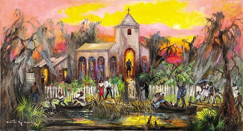 Colette Pope Heldner (American/New Orleans, 1902): Colette Pope Heldner (American/New Orleans, 1902-1990), "The Sabbath, Louisiana Bayou Country", oil on canvas, signed lower left, 26 in. x 47 1/2 in., unframed Note: Colette Pope Heldner and her husba