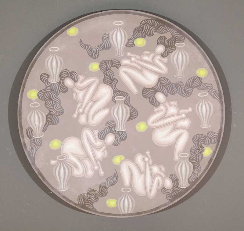 Robert Gordy (American/New Orleans, 1933-1986): Robert Gordy (American/New Orleans, 1933-1986), "Urns, Lemons and Females", 1966, oil on canvas, unsigned, titled and dated en verso, diameter 32 1/2 in., unframed . Exhibited: New Orleans Museum of A