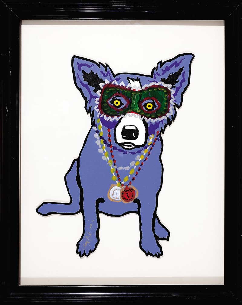 George Rodrigue (American/Louisiana, 1944-2013): George Rodrigue (American/Louisiana, 1944-2013), "Mixed Media", 1992, silkscreen on canvas with original paint, signed lower left, image 13 in. x 10 1/2 in., sheet 20 1/2 in. x 16 in., framed.; accomp