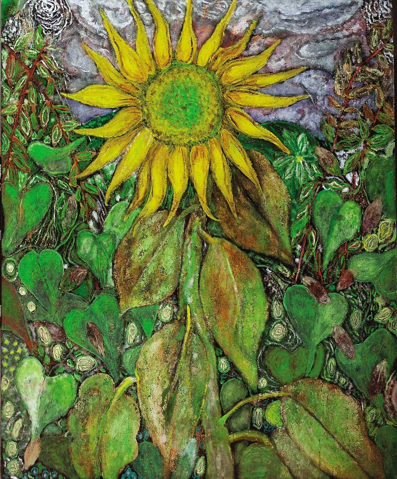 James Starks (American/Tennessee, 20th c.): James Starks (American/Tennessee, 20th c.), "Sunflower", 1995, acrylic on canvas, initialed and dated lower right, signed, titled and dated en verso, 60 in. x 50 in., unframed