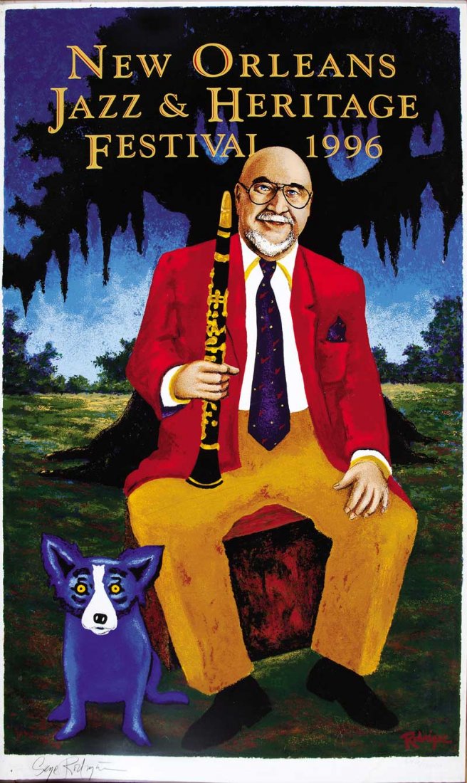 George Rodrigue (American/Louisiana, 1944-2013): George Rodrigue (American/Louisiana, 1944-2013), "New Orleans Jazz and Heritage Festival", 1996, featuring Pete Fountain, pencil-signed lower left, sight 34 1/2 in. x 20 1/2 in., framed