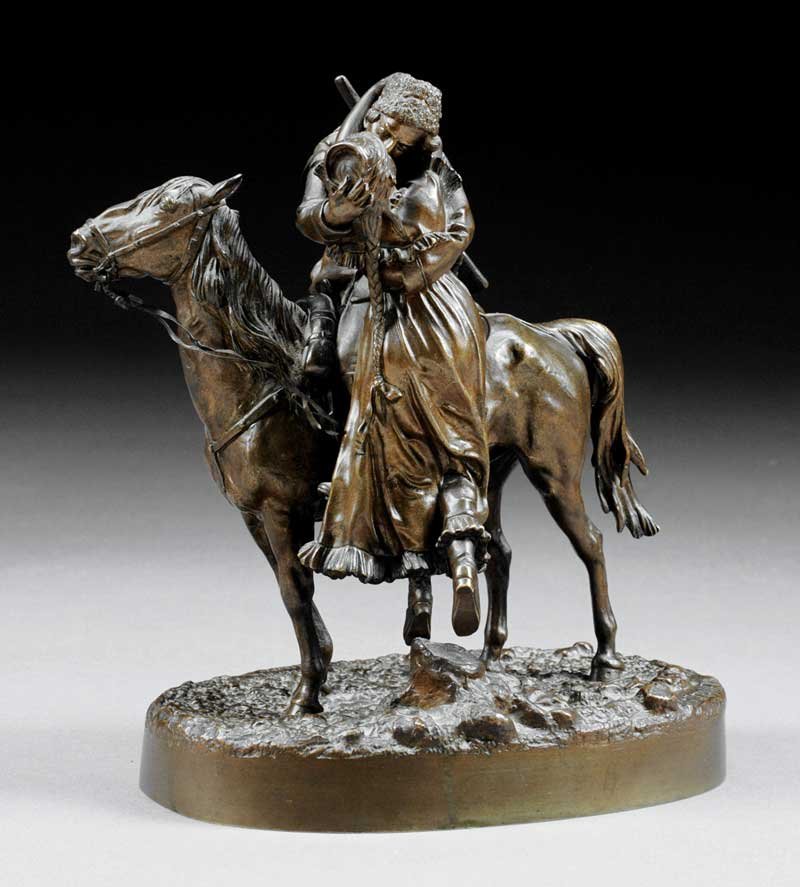 Russian Bronze of a Cossack on Horseback: A Russian Bronze of a Cossack on Horseback Kissing His Sweetheart, late 19th c., cast after the model by Vassili Grachev (Russian, 1831-1905), artist name and Woerfel foundry inscribed in cyrillic on