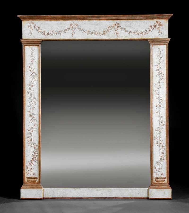 A Neoclassical-Style Paint-Decorated Mirror: A Neoclassical-Style Paint-Decorated Mirror, molded cornice, frieze with foliate swag, pilasters with foliate urns, blocked base, height 72 in., width 60 in