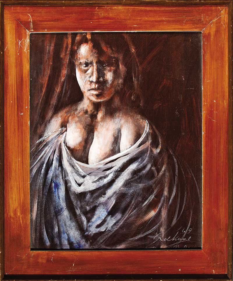 Noel Rockmore (American/New Orleans, 1928-1995): Noel Rockmore (American/New Orleans, 1928-1995), "Portrait of Nude Woman Draped in Cloth", 1969, oil on masonite, signed, dated and inscribed "N.O." lower right, 20 1/4 in. x 16 in., period frame