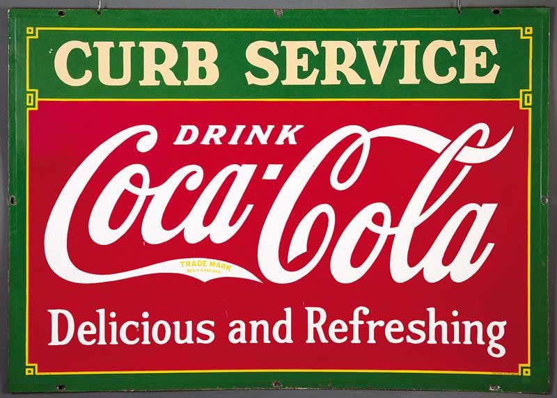 A Rare Coca-Cola "Curb Service" Double-Sided Poly: A Rare Coca-Cola "Curb Service" Double-Sided Polychrome Enamel Painted Metal Sign, height 42 in., width 60 in