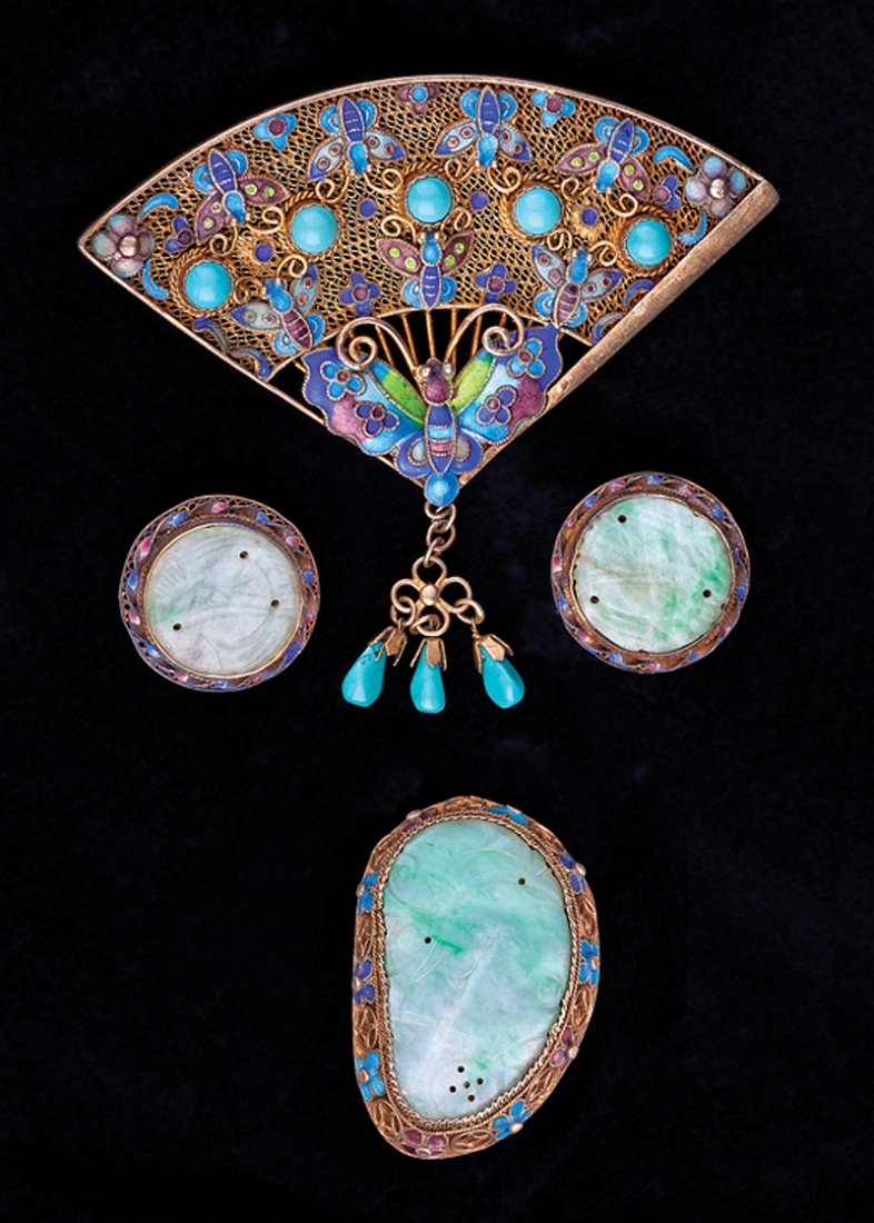 A Group of Jade Jewelry: A Group of Jade Jewelry, including a pair of white jade earrings, enameled earrings; vermeil, jade and enameled pin; vermeil fan jade and enameled brooch, and small jade carving, (5 pcs.)