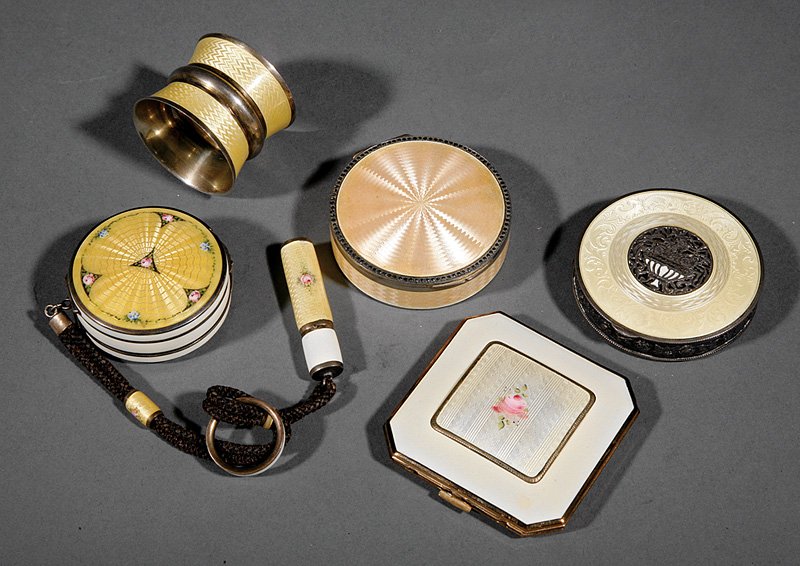 Guilloche Enamel Objects Shades of Pale Yellow: A Group of Guilloche Enamel Objects in Shades of Pale Yellow, including an Edwardian sterling silver circular box, Gourdal Vales & Co., c. 1900, marcasite border and gilt interior; an unmarked double 