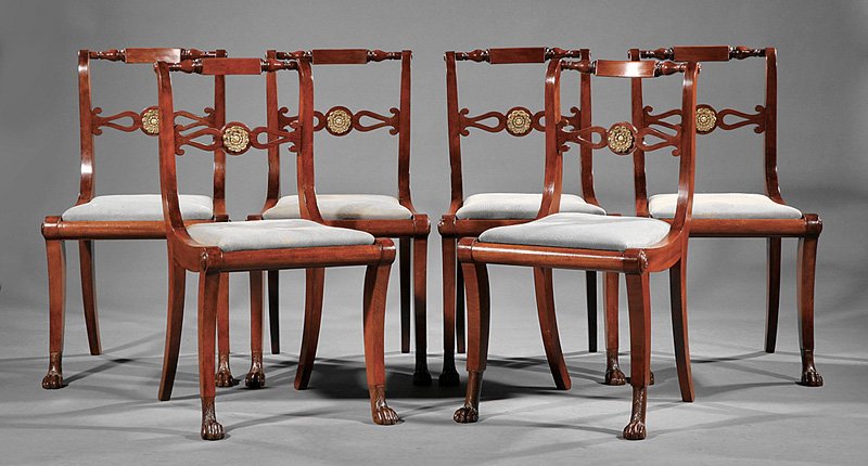 Six American Classical Carved Mahogany Side Chairs: A Set of Six American Classical Carved Mahogany Side Chairs, early 19th c., attributed to the workshop of Duncan Phyfe, each with baluster-turned crest rail, scrolled stiles, pierced slat with lyres c