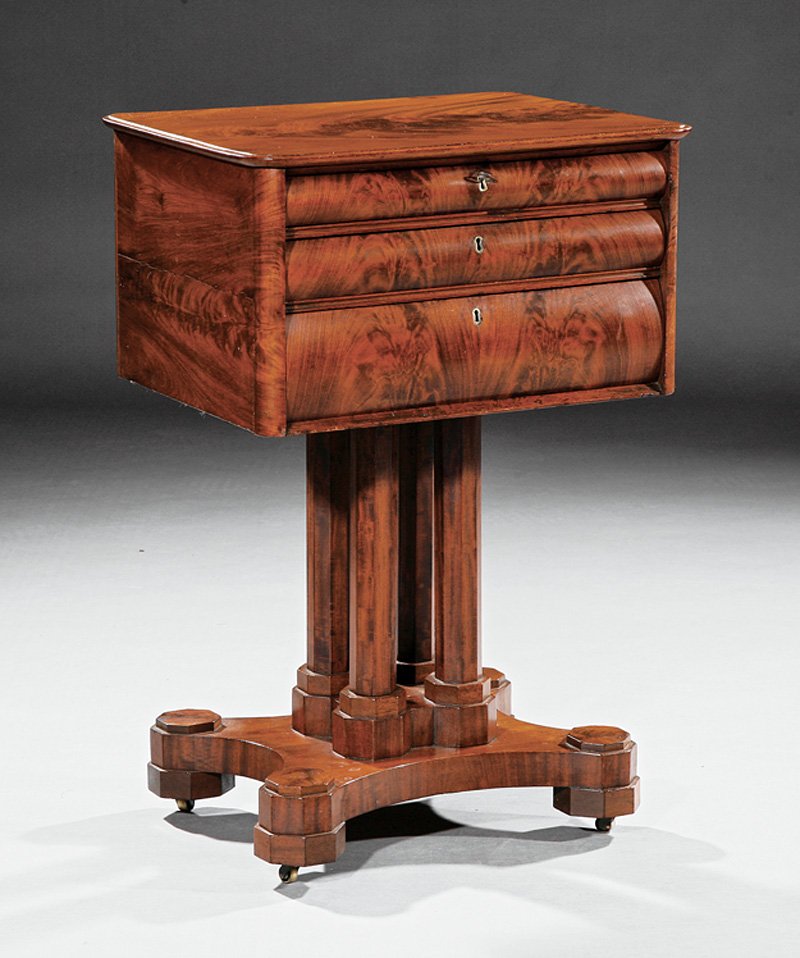 American Classical Mahogany Work Table: A Fine American Classical Mahogany Work Table, c. 1830, school of Duncan Phyfe, New York, case with fitted drawer over writing drawer and deep drawer, four octagonal supports, incurvate plinth, octago