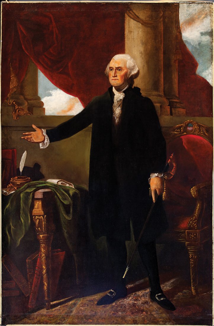 After Gilbert Stuart (American, 1755-1828): After Gilbert Stuart (American, 1755-1828), "Lansdowne Portrait of George Washington", probably 19th c., oil on canvas, signed "A. Q. Goguille" lower right, extensively inscribed en verso, 73 in. x 48