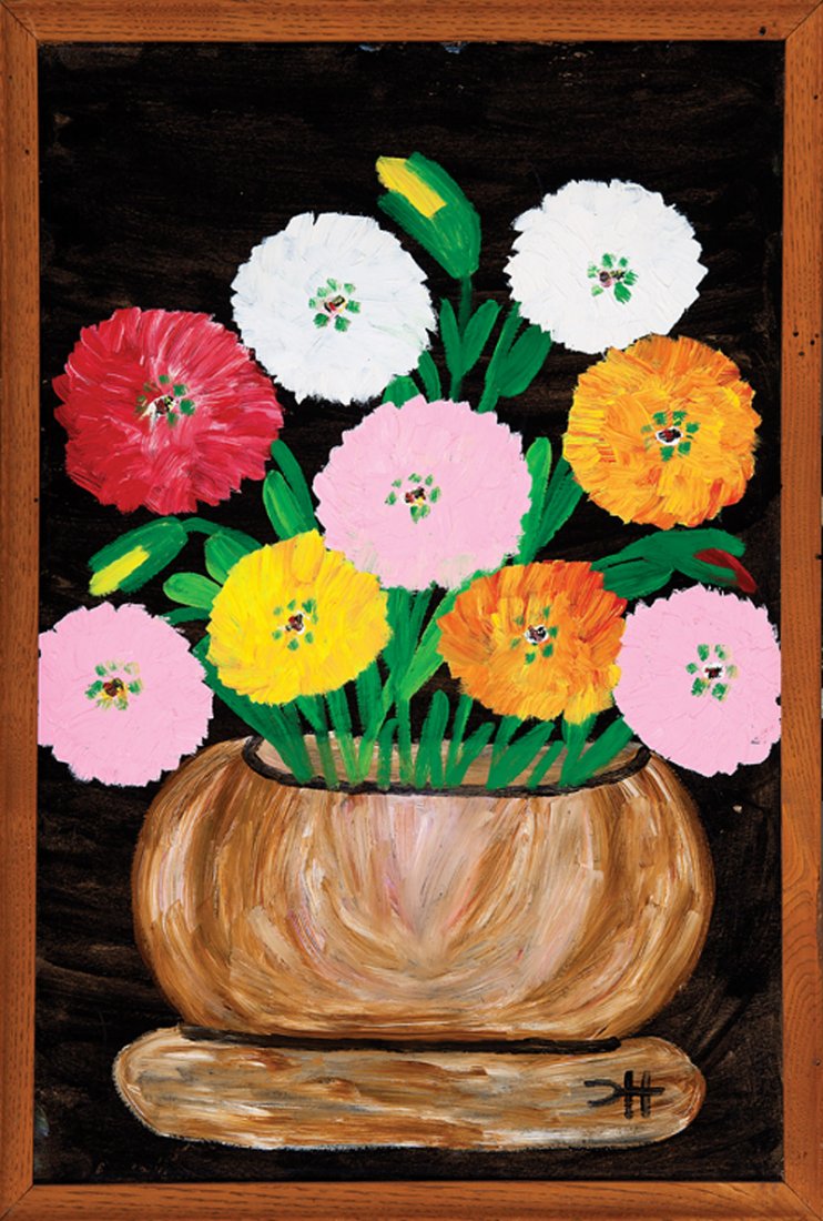 Clementine Hunter (American/Louisiana, 1886-1988): Clementine Hunter (American/Louisiana, 1886-1988), "Zinnias", oil on board, monogrammed lower right, 24 in. x 16 in., framed. Provenance: Estate of Charles and Elaine Pyle, Pauls Valley, OK, acquired 