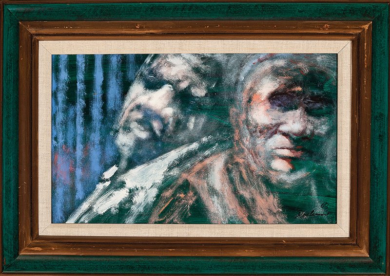 Noel Rockmore (American/New Orleans, 1928-1995): Noel Rockmore (American/New Orleans, 1928-1995), "Billie and DeeDee Pierce, Preservation Hall", 1963, oil on masonite, signed and dated lower right, "Upbeat for Old Jazz" article reprint from (Feb. 8,