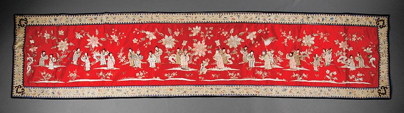 A Chinese Embroidered Red Silk Panel: A Chinese Embroidered Red Silk Panel, probably 20th c., worked in satin stitch with figural and floral groups, floral and avian border, 19 1/4 in. x 87 in. Provenance: Estate of Earle W. Newton II, Po