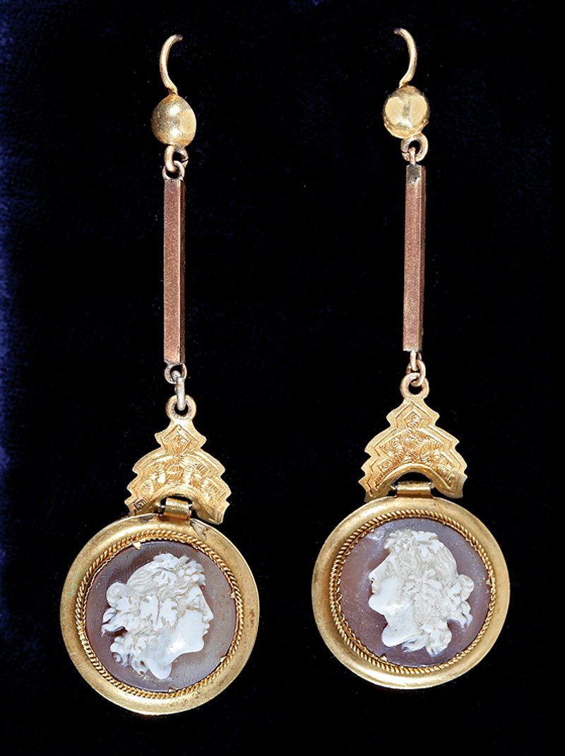 Yellow Gold and Shell Cameo Pendant Earrings: A Pair of English Victorian 15 kt. Yellow Gold and Shell Cameo Pendant Earrings