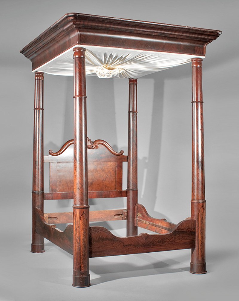 Late Classical Carved Mahogany Tester Bed: An American Late Classical Carved Mahogany Tester Bed, c. 1840-1850, probably New Orleans, stepped ogee tester, scrolled headboard centered by a shell cartouche, tapered posts with gothicized panels,