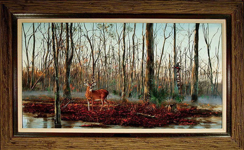 Brett James Smith (American/Louisiana, b. 1958): Brett James Smith (American/Louisiana, b. 1958), "Bad Angle Buck", 1986, oil on canvas affixed to masonite, signed and dated lower right, signed and dated en verso, 18 in. x 33 3/4 in., framed with ar