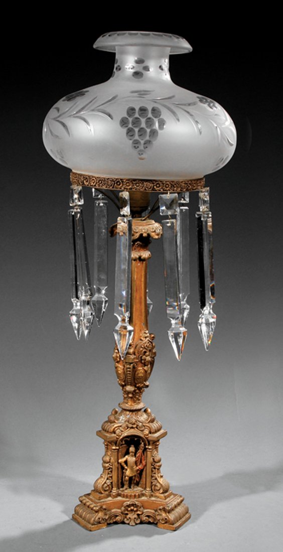 American Gothic Revival Gilt Metal Sinumbra Lamp: An American Gothic Revival Gilt Metal Sinumbra Lamp, 19th c., tripartite base with knights standing in niches, electrified, height 29 in., diameter 11 in