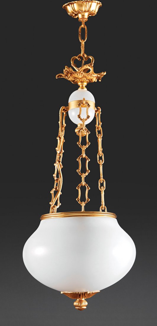 Gilt Bronze and Alabaster Hall Lantern: An Aesthetic-Style Gilt Bronze and Alabaster Hall Lantern, foliate corona, scrolled chains, compressed globular shade, height 33 in., diameter 13 in