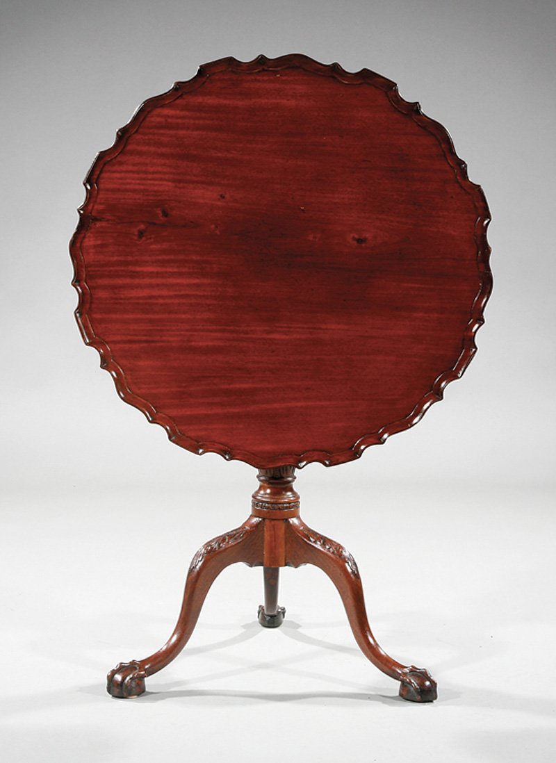 Carved Mahogany Tilt-Top Tea Table: A Chippendale-Style Carved Mahogany Tilt-Top Tea Table, 19th c., piecrust-molded top, vasiform support, arched legs, claw and ball feet, height 29 1/2 in., diameter 30 1/2 in
