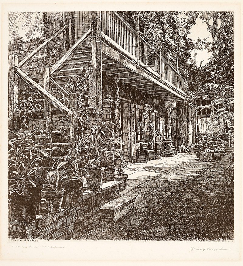 Philip Kappel (American/New Orleans, 1901-1981): Philip Kappel (American/New Orleans, 1901-1981), "Secluded Patio, New Orleans", lithograph, pencil-signed and titled, plate 9 1/2 in. x 9 1/2 in., unframed