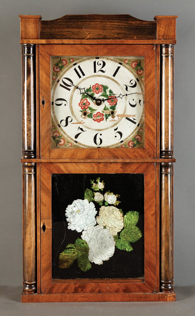 Eli Terry Carved Walnut Eight-Day Shelf Clock: An American Carved Walnut Eight-Day Shelf Clock, c. 1850, by Eli Terry, CT, floral painted wood dial, over eglomise and foil backed panel, height 33 in., width 17 1/2 in., depth 4 1/2 in