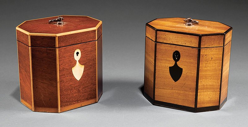 Two Georgian-Style Inlaid Satinwood Tea Caddies: Two Georgian-Style Inlaid Satinwood Tea Caddies, each of octagonal form with contrasting banding and shield form escutcheons, divided interiors, brass bail handles, height 4 7/8 in., width 5 in., dept