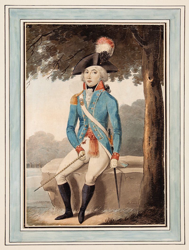 Continental School, 19th c: Continental School, 19th c., "Napoleonic Tambour-Major in Elaborate Uniform", watercolor on paper affixed to mat board, signed "Morrant./ pinxt" lower right, 18 3/4 in. x 13 in., framed