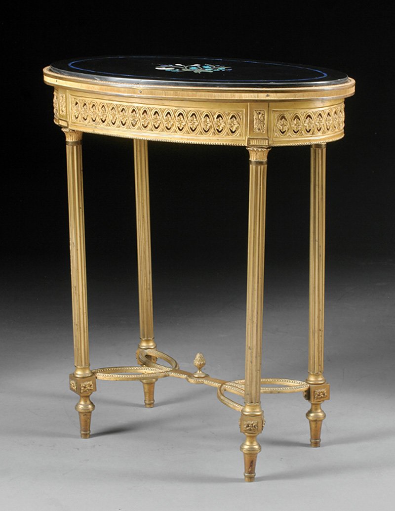 Gilt Bronze and Specimen Marble Table: A Neoclassical-Style Gilt Bronze and Specimen Marble Table, oval top inlaid with various "lapis", "turquoise" and "jadeite" flowers, height 29 1/2 in., width 25 in., depth 17 in