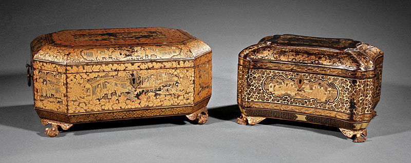 Chinese Export Gilt Decorated Black Lacquer Boxes: Two Chinese Export Gilt Decorated Black Lacquer Boxes, late 19th c., the larger of oblong octagonal form, raised on dragon claw feet, fitted interior with sewing implements, height 6 1/2 in., width 13