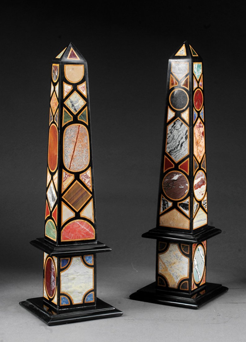 Neoclassical-Style Specimen Marble Obelisks: A Pair of Neoclassical-Style Specimen Marble Obelisks, on tall plinth base, height 22 in., width 6 1/4 in., depth 6 1/4 in