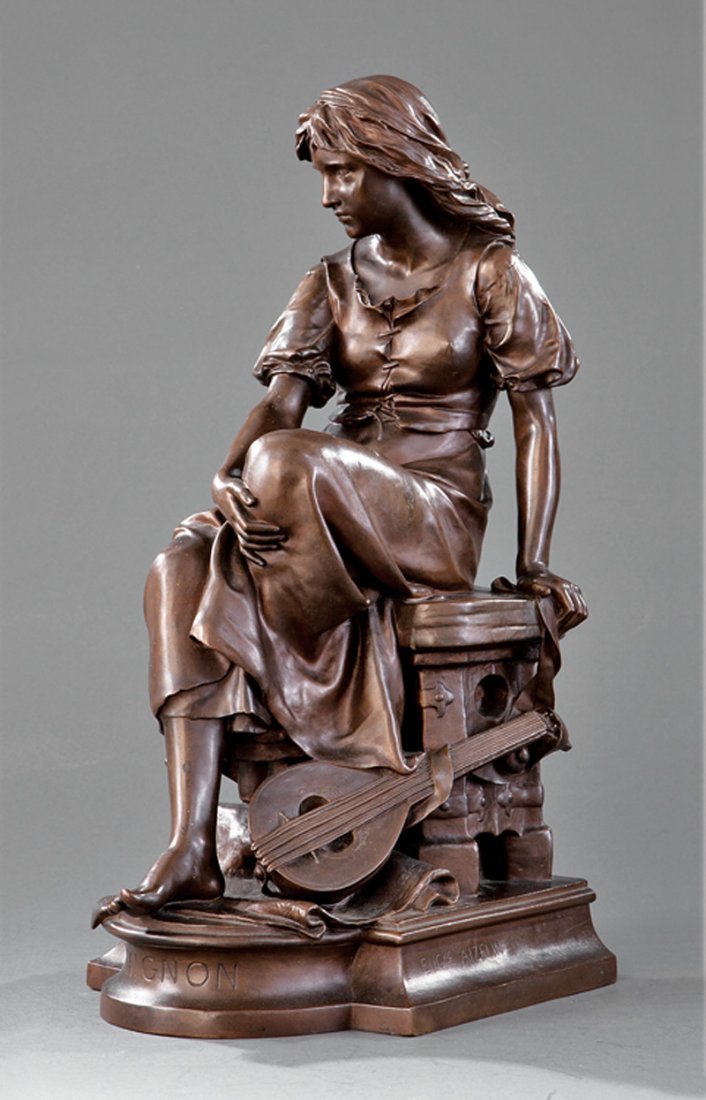 Eugène-Antoine Aizelin (French, 1821-1902): Eugène-Antoine Aizelin (French, 1821-1902), "Mignon", bronze, inscribed "EUGENE AIZELIN" and titled "MIGNON" on self-base, "F. Barbedienne/ A. Collas Reduction Mechanique" foundry mark on rear base,