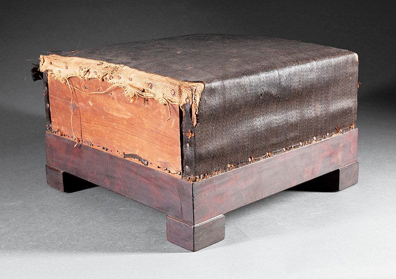 Classical Mahogany Footstools, poss. Phyfe: A Pair of American Classical Mahogany Footstools, c. 1825-1835, New York, possibly Duncan Phyfe, each retaining original horsehair, linen and fill; straight frieze on block feet. Note: This design is