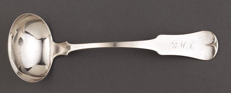 A Tennessee Coin Silver Ladle "MERRIMAN & CLARK": A Tennessee Coin Silver Ladle, James E. Merriman and Frederick H. Clark, Memphis, wc. 1841-1847, marked "MERRIMAN & CLARK" in rectangle, upturned fiddle typt handle with pointed shoulders, script mono