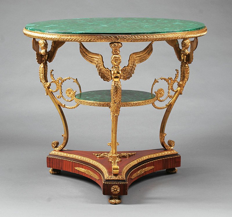 Gilt Bronze, Malachite and Mahogany Center Table: A Neoclassical-Style Gilt Bronze, Malachite and Mahogany Center Table, circular top on three-winged caryatid supports and an incurvate triangular plinth base, height 32 in., diameter 35 1/2 in