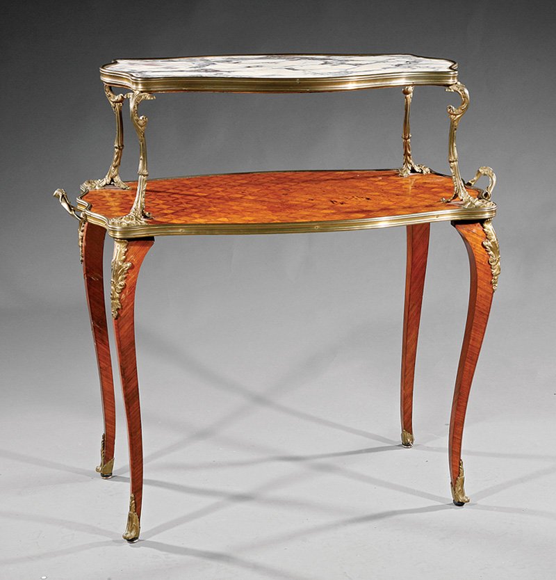 Bronze-Mounted Kingwood and Parquetry à Thé: A Louis XVI-Style Bronze-Mounted Kingwood and Parquetry à Thé, late 19th/early 20th c., serpentine marble upper tier, conforming lower tier with carrying handles, cabriole legs, height 33 1/2 in., w