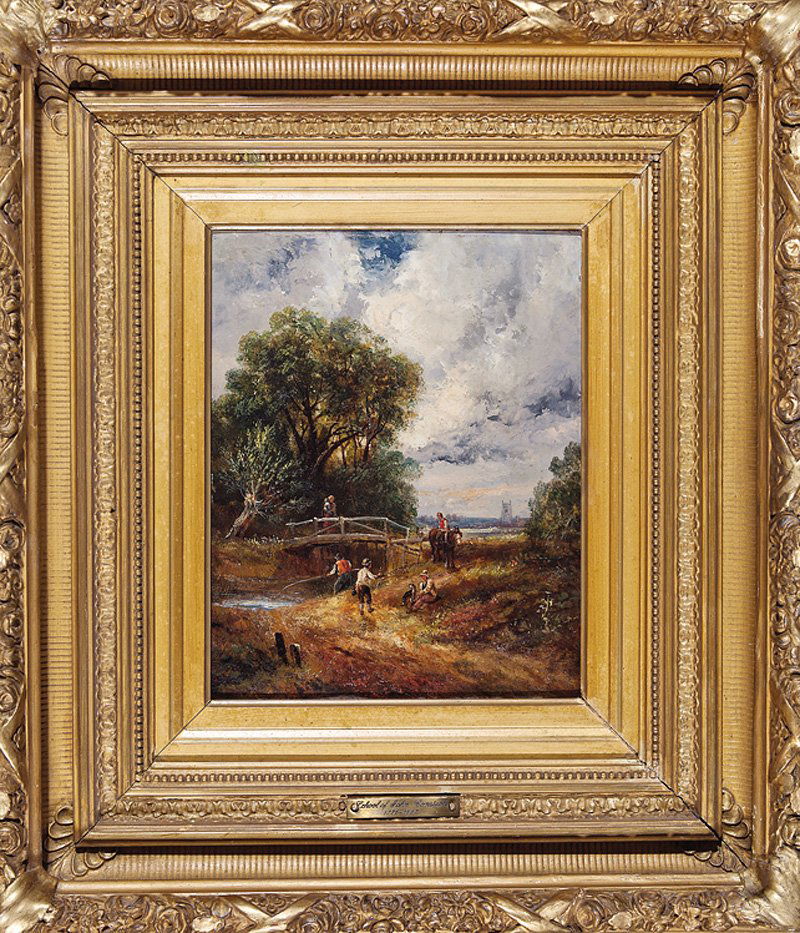 School of John Constable (British, 1776-1837): School of John Constable (British, 1776-1837), "Figures and Animals by a Stream below a Pool (Perhaps at Dedham)", mid-19th c., oil on oak panel, unsigned, framers' labels en verso, 11 3/4 in. x 9 3/4