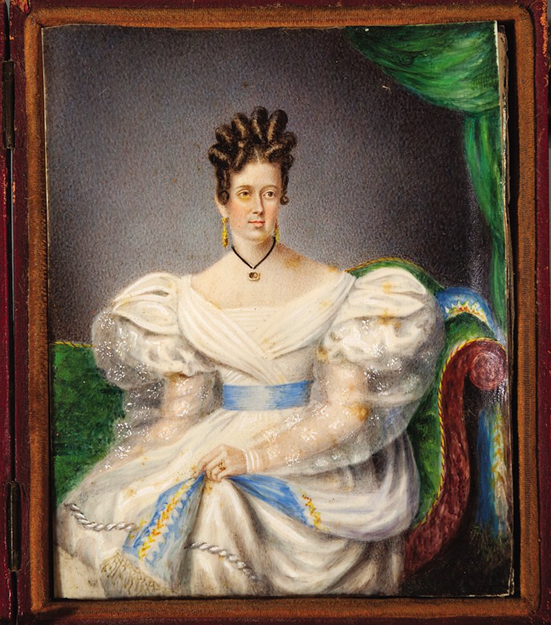 Continental School, mid-19th c: Continental School, mid-19th c., "Miniature Portrait of a Lady of Fashion", watercolor on ivory, 5 1/4 in. x 4 1/8 in., now in leather case, found "as is"