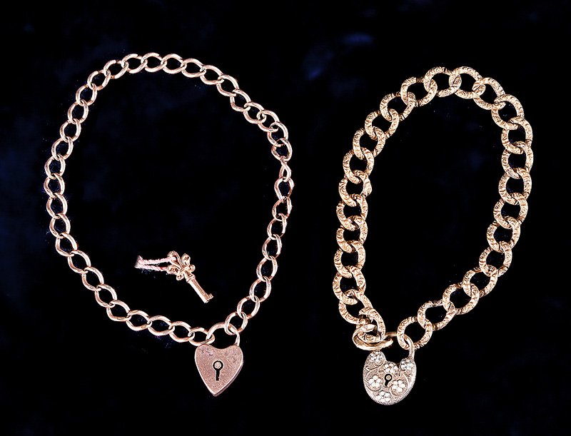 Victorian Yellow and Rose Gold Child's Jewelry: A Group of Victorian Yellow and Rose Gold Child's Jewelry, including a turquoise enamel locket shown worn my M'liss Rolling in the portrait, lot 395, 2 chain link bracelets with locket pendants and 2 