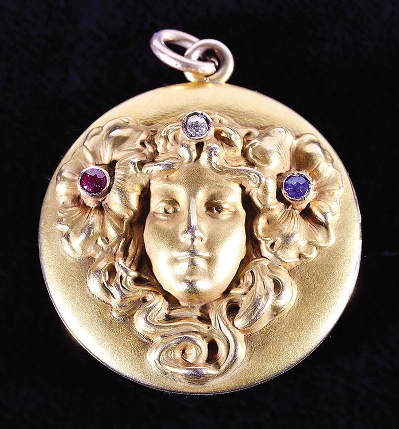 Portrait Miniature Brooch of Louise M. R. Rolling: A Southern Portrait Miniature Brooch of Louise Marie Reiss Rolling, after the John Genin portrait offered in the previous lot, rose gold set with pearls and small diamonds; together with an Art Nouvea